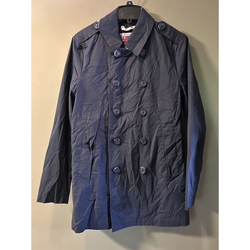 Superdry Rogue Mac Trench Coat Mens Small Utility Military Navy Double Breasted